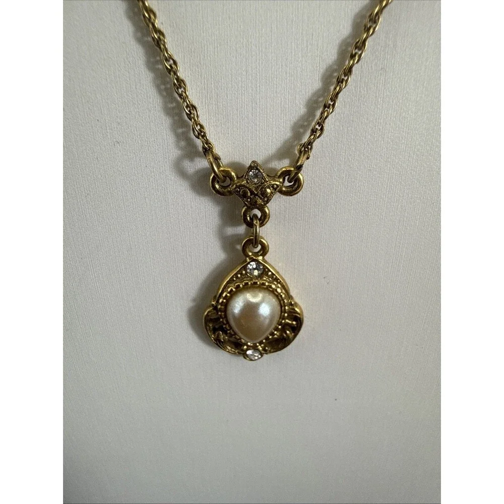 1928 Jewelry Faux Pearl Teardrop Gold Tone Rhinestone Accent Pendant Necklace
